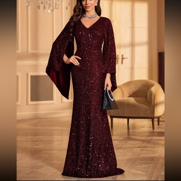 Luxe V neck champagne bell formal evening party prom wedding gown dress - Picture 9 of 15